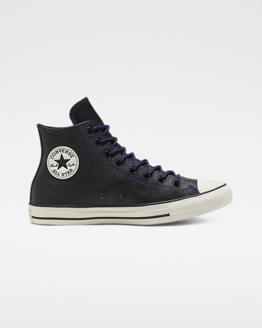 Women\'s Converse Tumbled Leather Chuck Taylor All Star High Top Shoes Black / Royal | AU C0351H